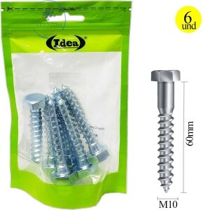 KIT 06 PARAFUSOS SEXTAVADO ROSCA SOBERBA 10mmX60mm (ID-0818P)