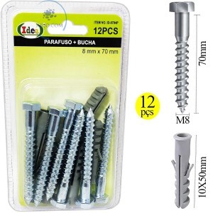 KIT 06 PARAFUSOS SEXTAVADO ROSCA SOBERBA + BUCHA 8mmX70mm (ID-0794P)