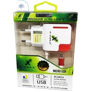 CARREGADOR MICRO USB V8 ULTRA RÁPIDO COM 02 ENTRADAS USB 3.1A (XC-UR11).