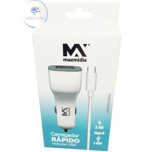 CARREGADOR RÁPIDO VEICULAR 02 ENTRADAS USB  COM CABO TIPO-C 2.4A (MAX-631CAR)
