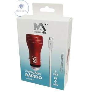 CARREGADOR DE CELULAR VEICULAR 02 ENTRADAS USB E CABO V8 (MAX-622CAR)