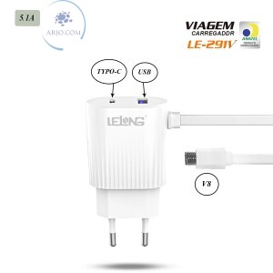CARREGADOR V8 RÁPIDO COM 2 PORTAS USB 5.1A (LE-291V)