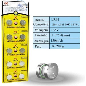 BATERIA LR44 ALCALINA 1,5V CARTELA COM 10 UNIDADES (MO-LR44)