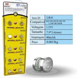 BATERIA LR41 ALCALINA 1,5V CARTELA COM 10 UNIDADES (MO-LR41)