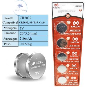 BATERIA 2032 BOTÃO 3V CARTELA COM 5 UNIDADES (MO-2032)