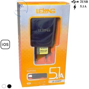 CARREGADOR RÁPIDO COM 2 PORTAS USB 5.1A + CABO IPHONE (LE-233FP)