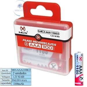 PILHA RECARREGÁVEL AAA 1100mAh 2 UNIDADES (MO-AAA1100C2)